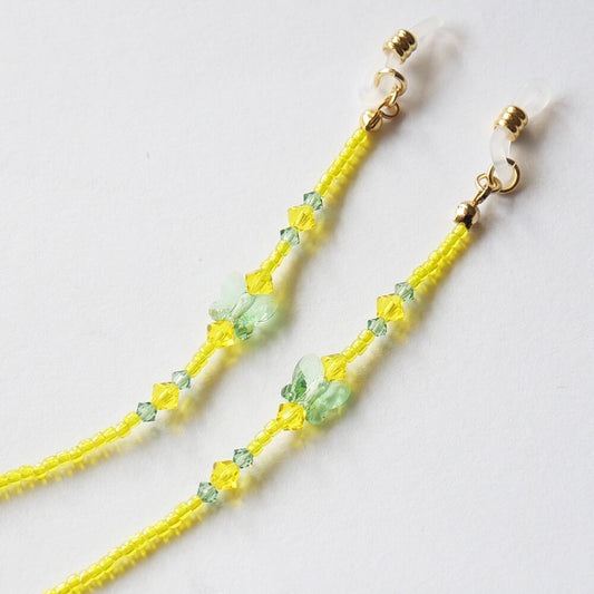 蝶 イエロービーズ グリーン クリスタル メガネチェーン グラスコード 黄色