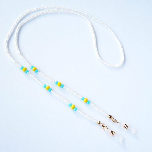 ターコイズ トルコブルー×イエロー クリアービーズ メガネチェーン グラスコード レディース