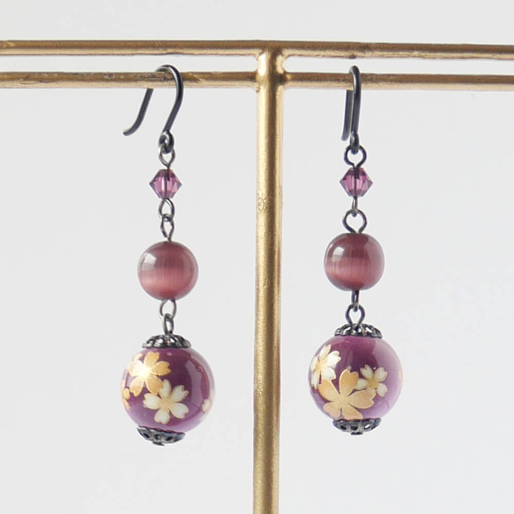 【樹脂ポスト】和風 紫 華珠 パープル ピアス