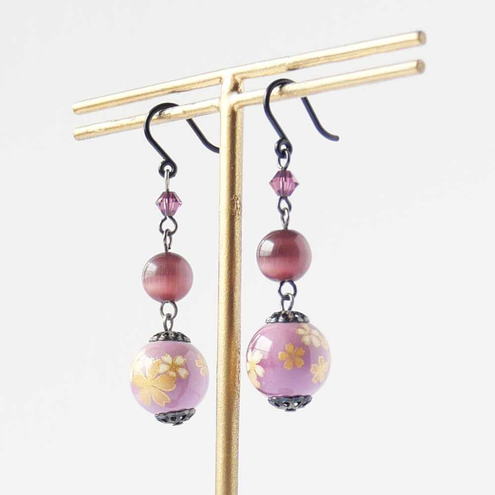 【樹脂ポスト】和風 紫 華珠 パープル ピアス
