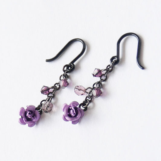 【ノンアレルギー】ガンメタ 紫薔薇 mini ローズ ピアス