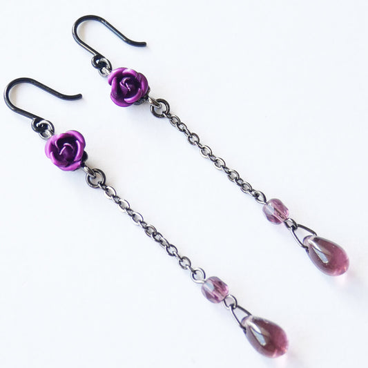 【樹脂ポスト】紫 薔薇 ロングチェーン ドロップ ガラス ピアス パープル ローズ