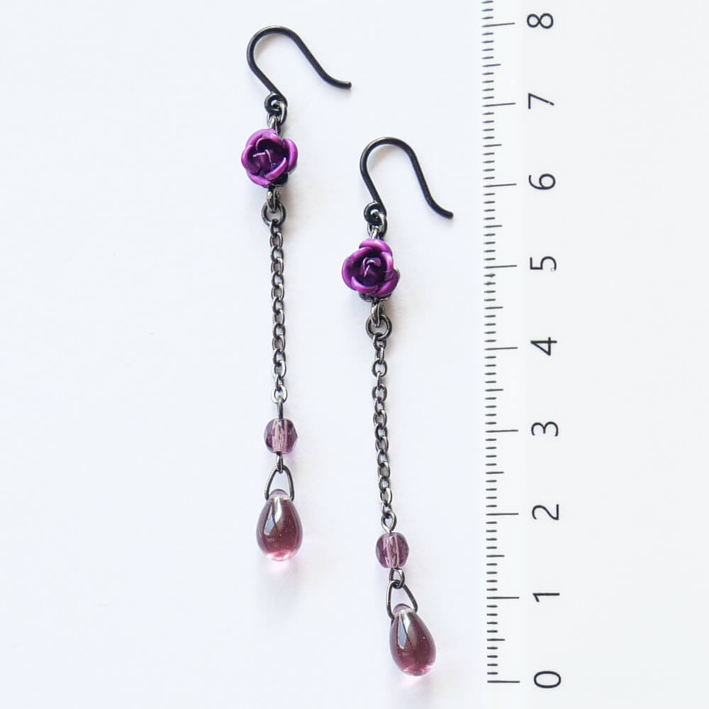 【樹脂ポスト】紫 薔薇 ロングチェーン ドロップ ガラス ピアス パープル ローズ