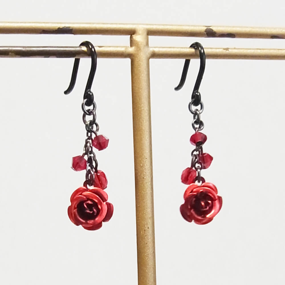 【ノンアレルギー】ガンメタ 赤薔薇 mini レッド ローズ ピアス