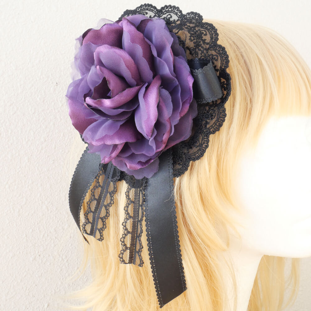 紫薔薇 パープル ローズ リボン コサージュ ブローチ ゴスロリ ヘッド ドレス