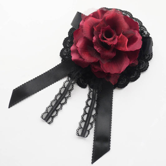 赤薔薇 レッド ローズ リボン コサージュ ブローチ ゴスロリ ヘッド ドレス