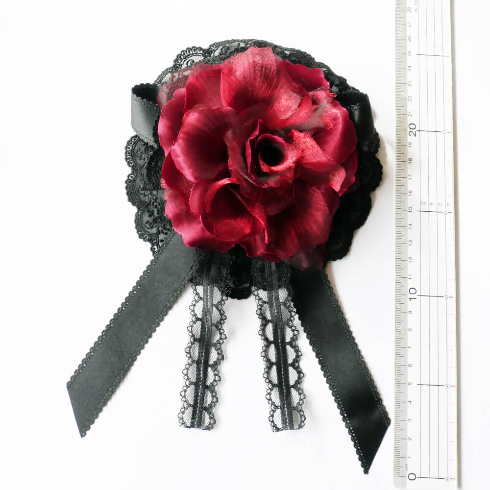 赤薔薇 レッド ローズ リボン コサージュ ブローチ ゴスロリ ヘッド ドレス