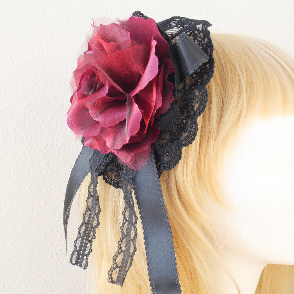 赤薔薇 レッド ローズ リボン コサージュ ブローチ ゴスロリ ヘッド ドレス