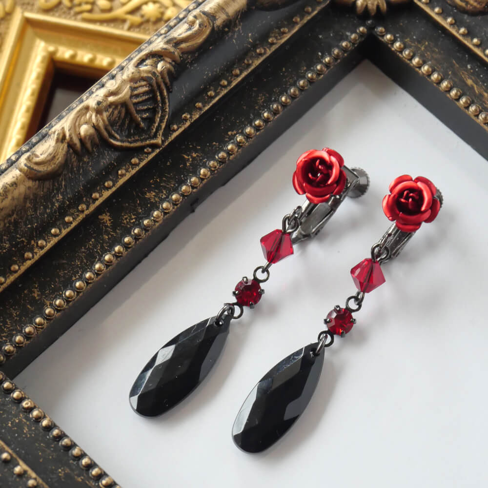 Red Rose Black Drop Earrings