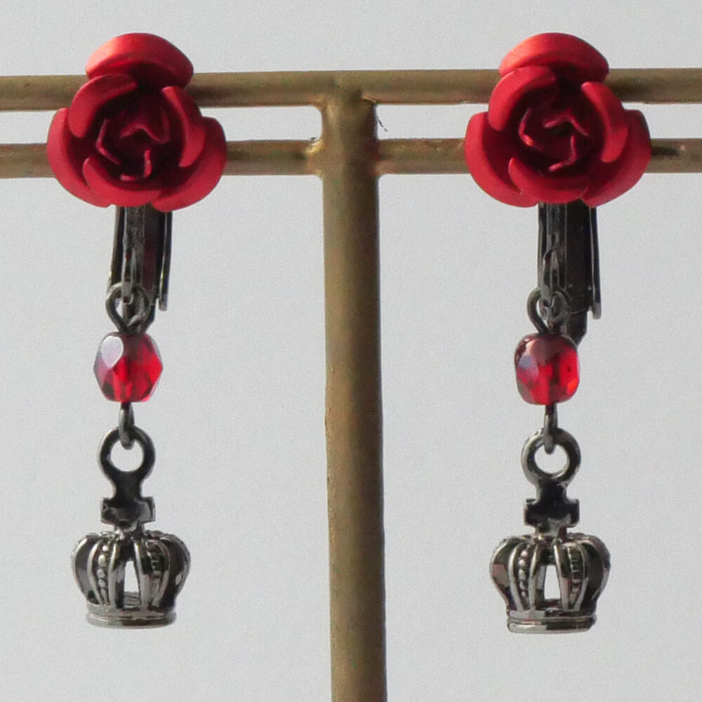 【ローズガーデン】赤薔薇 王冠 レッドローズ クラウン イヤリング