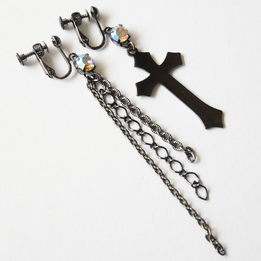 オーロラストーン 十字架 チェーン イヤリング アシンメトリー 大きめ