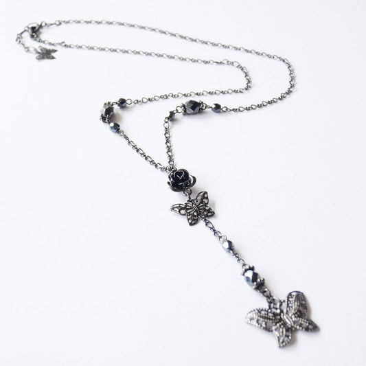 Gothic Lolita Gunmetal Butterfly Rosary Hematite Necklace