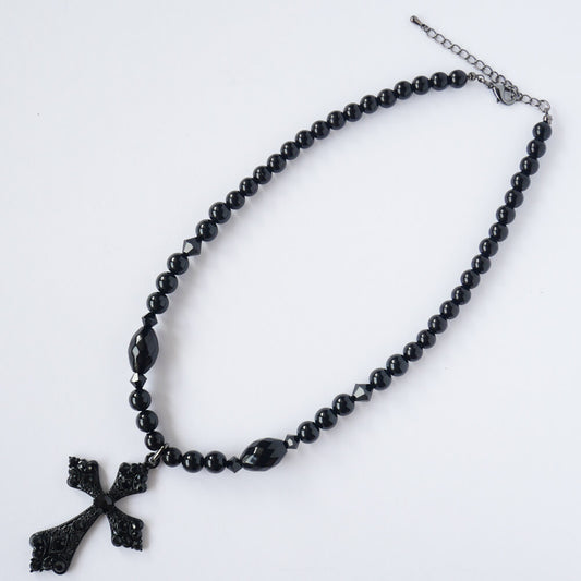 ブラック クリスタル 十字架 クロス 黒玉 ネックレス