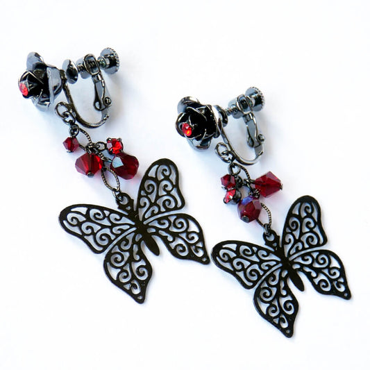 イヤリング ステンド 蝶 赤 薔薇