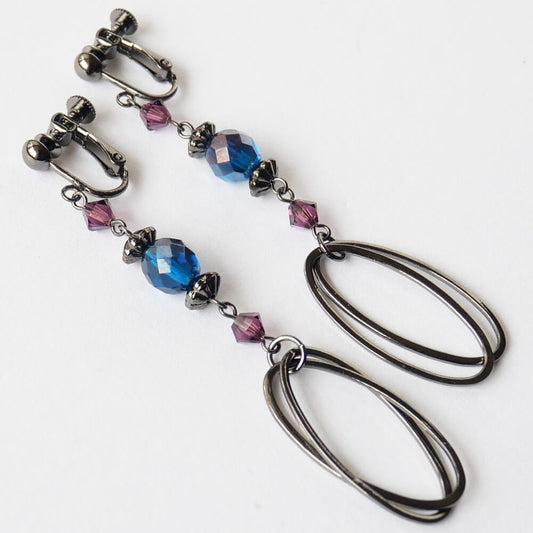 オーバル メタルリング ブルーチェコ イヤリング