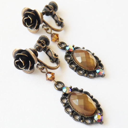 アンティーク ローズ ブラウン ミラー イヤリング