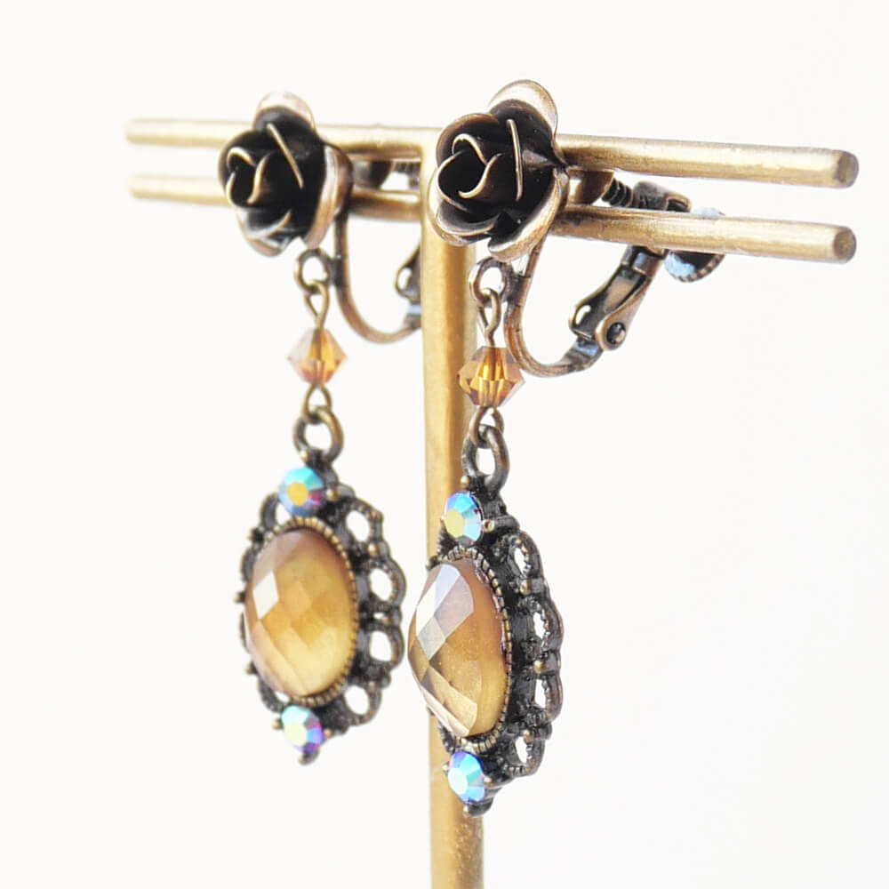 アンティーク ローズ ブラウン ミラー イヤリング