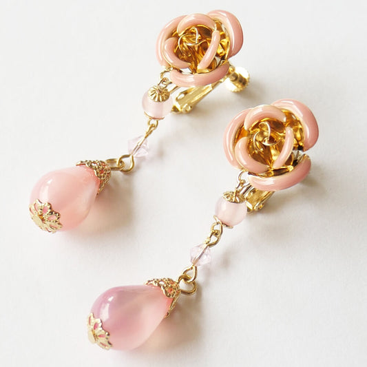 ピンク ローズ ドロップ イヤリング 薔薇
