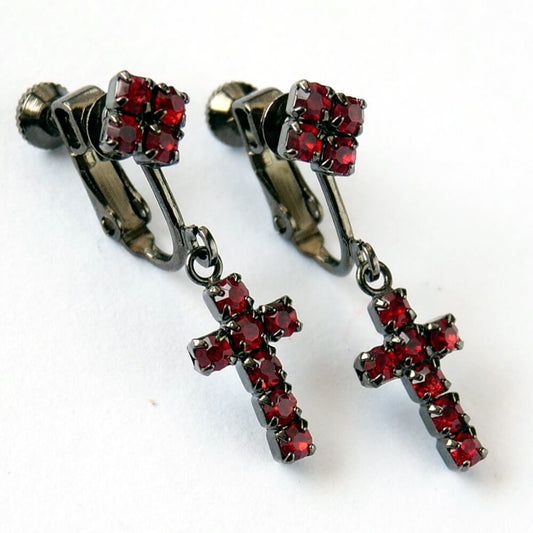 レッド ラインストーン クロス イヤリング 十字架