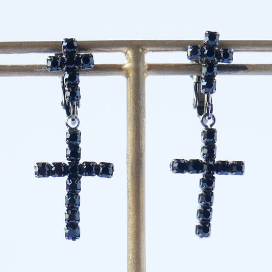ブラック ラインストーン クロス イヤリング 十字架