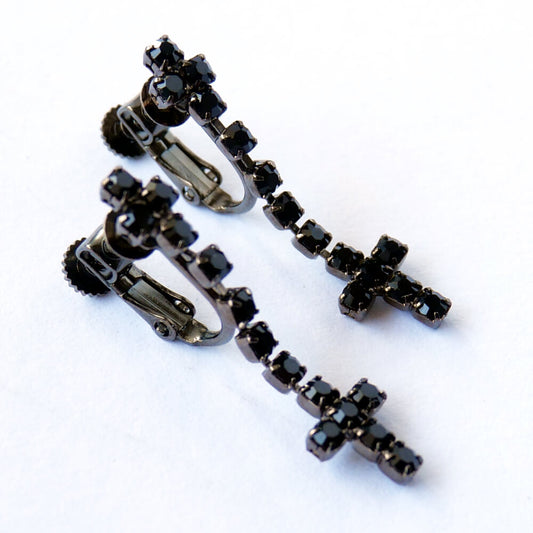 ブラック ラインストーン クロス イヤリング 十字架