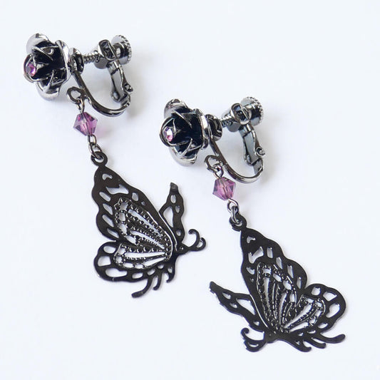 薔薇 蝶 パープル イヤリング