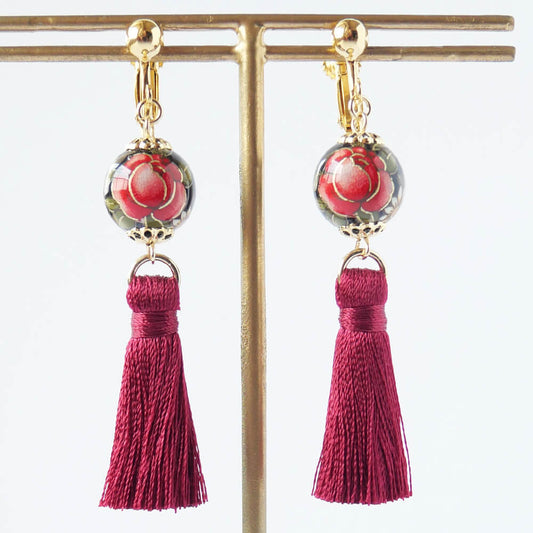 【和風】薔薇 和珠 エンジ房 イヤリング 日本 japan