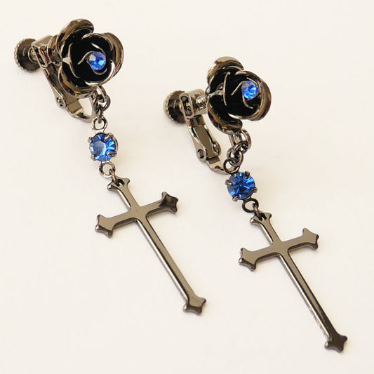 ブルーストーン 薔薇 十字架 青石 イヤリング