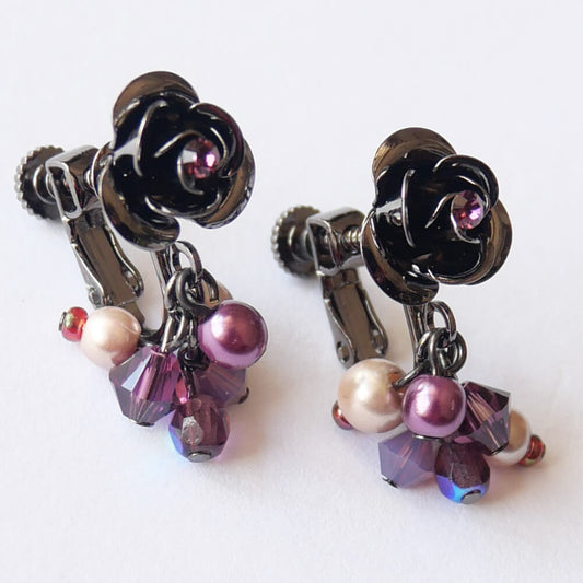 【ローズガーデン】薔薇 パール パープル ビーズ イヤリング