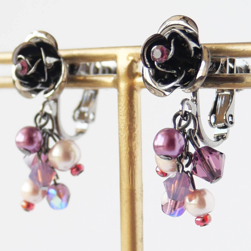 【ローズガーデン】薔薇 パール パープル ビーズ イヤリング