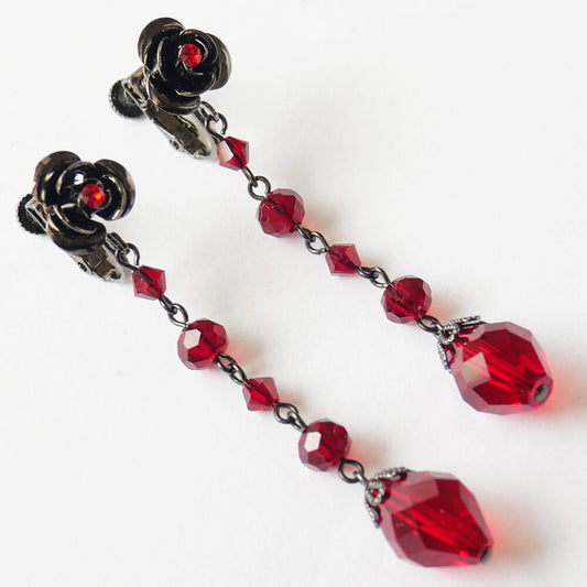 【ローズガーデン】薔薇 クリスタル ロング イヤリング レッド 赤