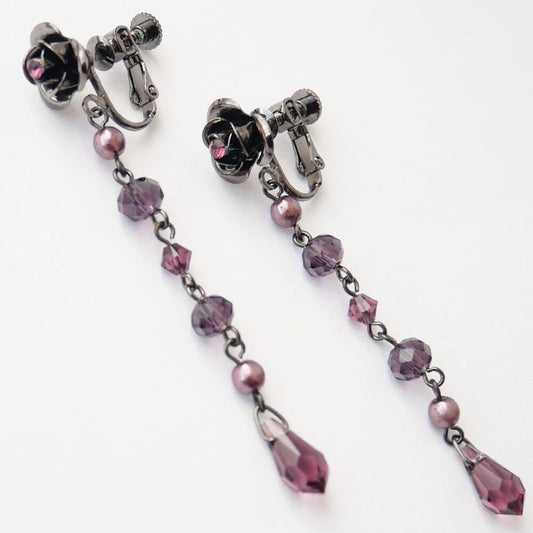 【ローズガーデン】薔薇 パール シズク ロング イヤリング パープル 紫