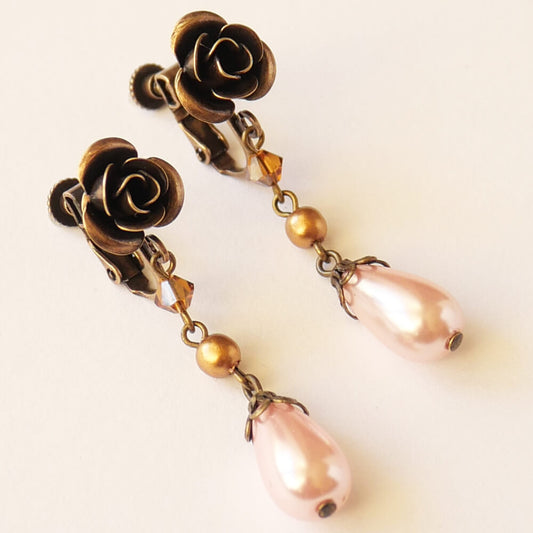 アンティーク ローズ パール ドロップ イヤリング 金古美