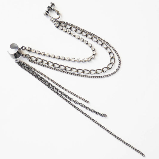 【ゴシック系】イヤカフ トリプルチェーン ラインストーン イヤリング (片耳タイプ)