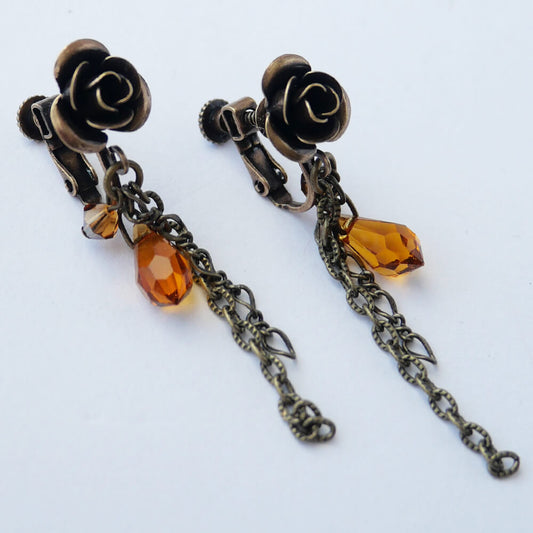 アンティーク ローズ トパーズ スワロフスキー ドロップ チェーンイヤリング