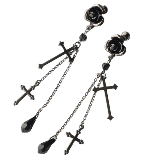 【ローズガーデン】黒 薔薇 十字架 ブラック チェーン クロス イヤリング