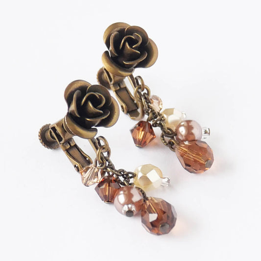 【ローズガーデン】アンティークゴールド ブラウン パール イヤリング 秋