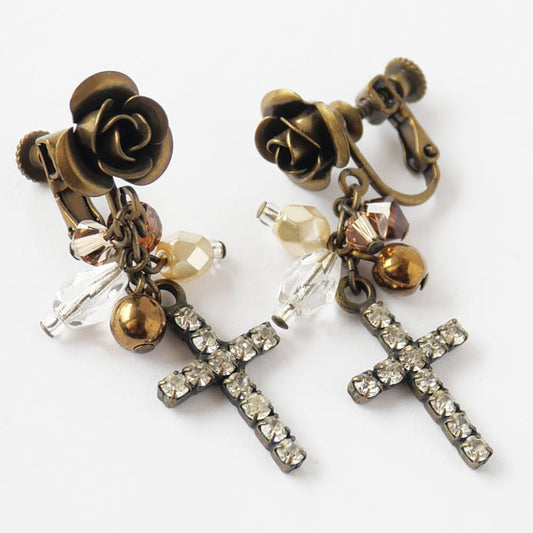 アンティークゴールド ブラウン パール クロス イヤリング 十字架