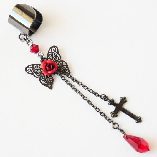 イヤーカフ 蝶 バタフライ ステンド レッド ローズ ゴスロリ