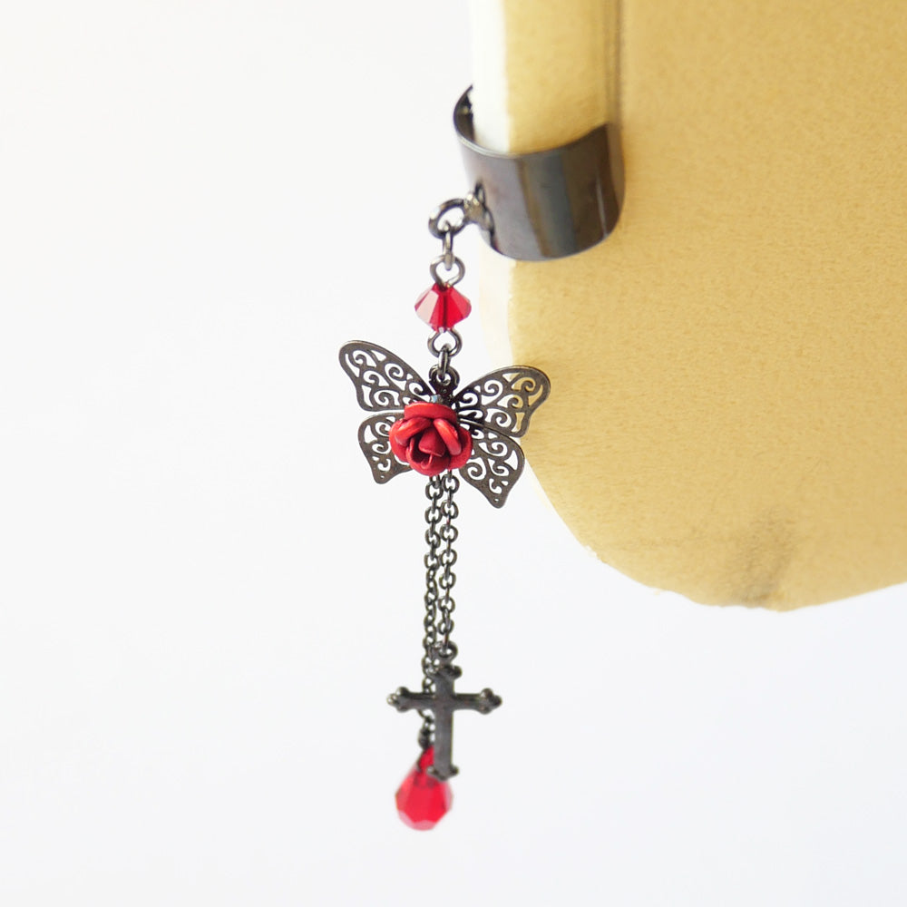 イヤーカフ 蝶 バタフライ ステンド レッド ローズ ゴスロリ