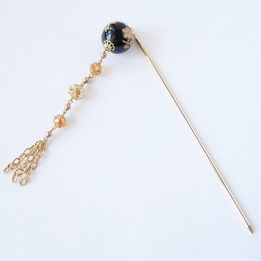 簪 黒玉&金花 クリスタル チェーン かんざし
