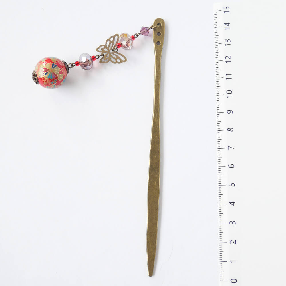 蝶と花玉の簪 赤珠 和風 アンティークゴールド 一本かんざし 和ロリ