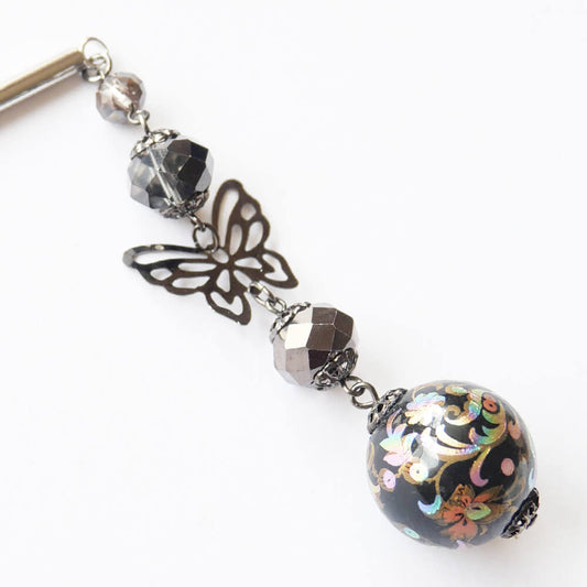 かんざし 転写玉 蝶 ブラック ストーン 1本 ゴスロリ