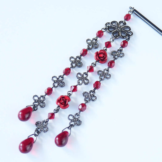 【ゴスロリ簪】赤 薔薇 黒かんざし バラ レッド