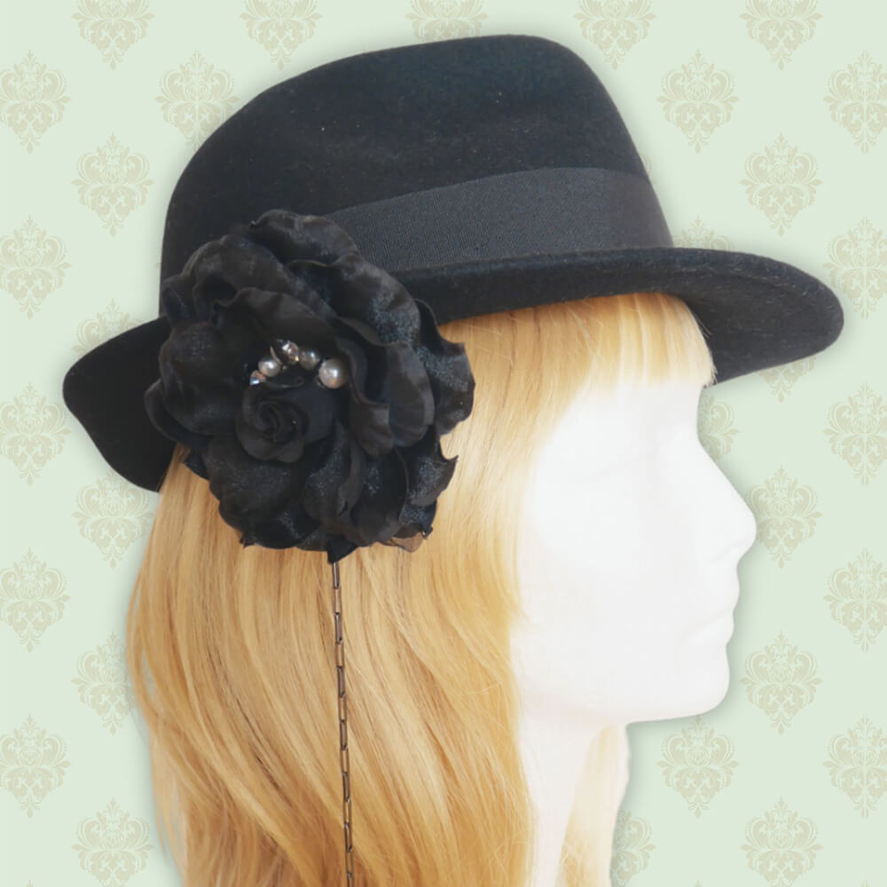 帽子クリップ 黒薔薇 ブラック フラワー ゴスロリ メタル チェーン ハット