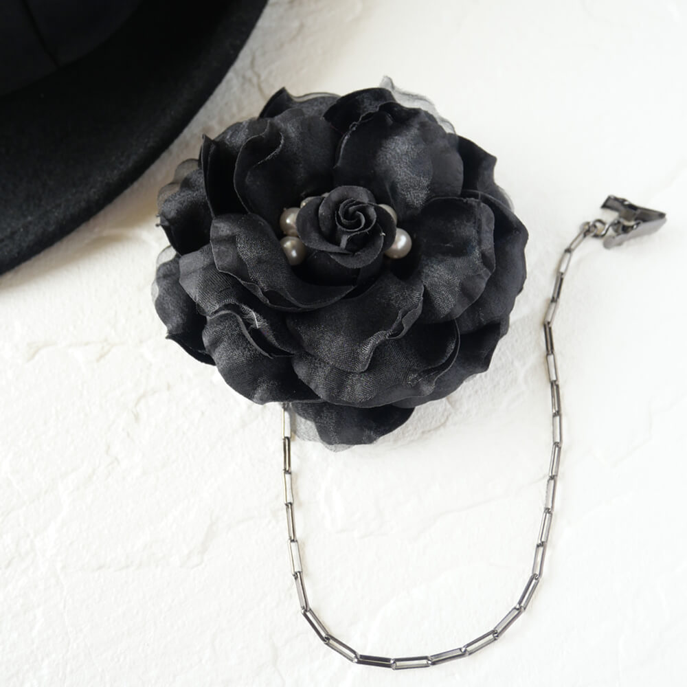 帽子クリップ 黒薔薇 ブラック フラワー ゴスロリ メタル チェーン ハット