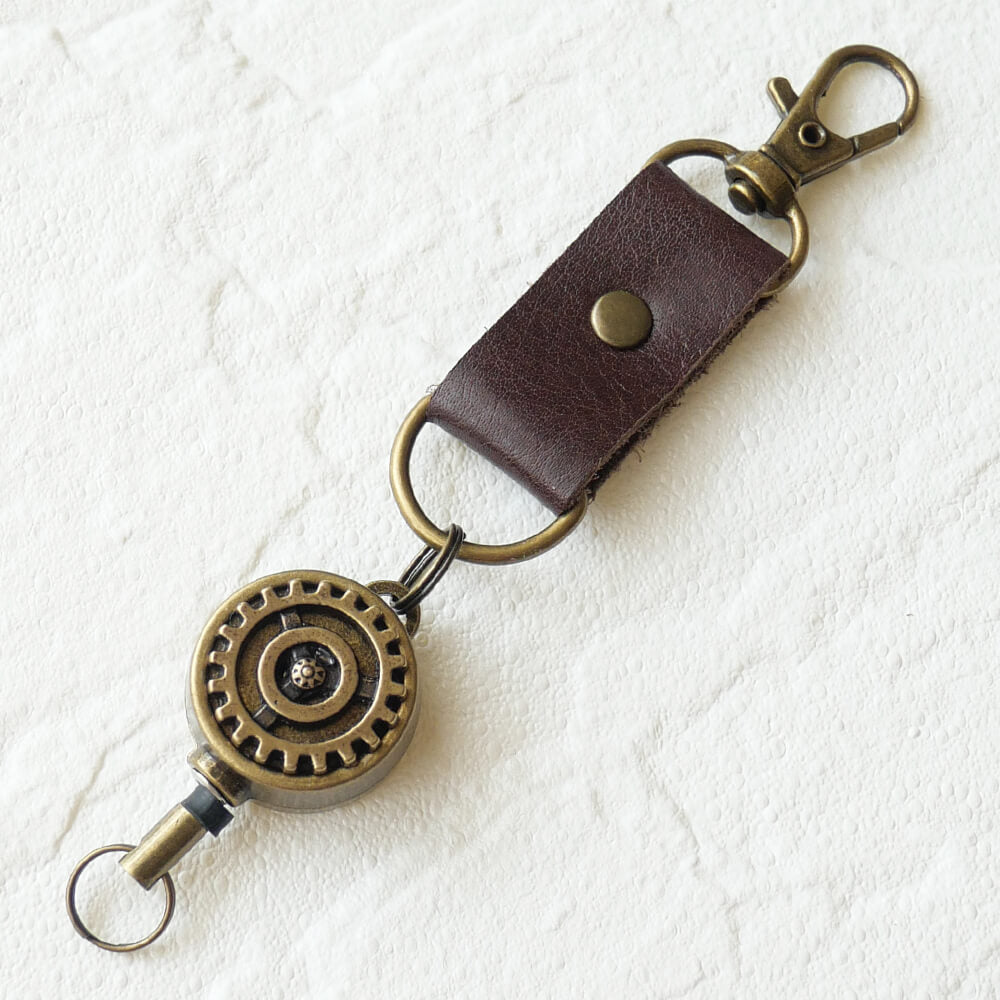 リール キーホルダー steampunk 革 歯車 スチームパンク 鍵