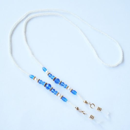 ブルー カットクリスタル ホワイト ビーズ メガネチェーン