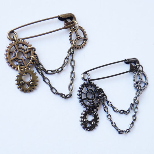 マスクチャーム 安全ピン スチームパンク 歯車 チェーン ブラック レディース ギア ミニ ブローチ ガンメタ steampunk