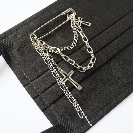 マスクチャーム 安全ピン シルバーカラー チェーン クロス 十字架 メンズ